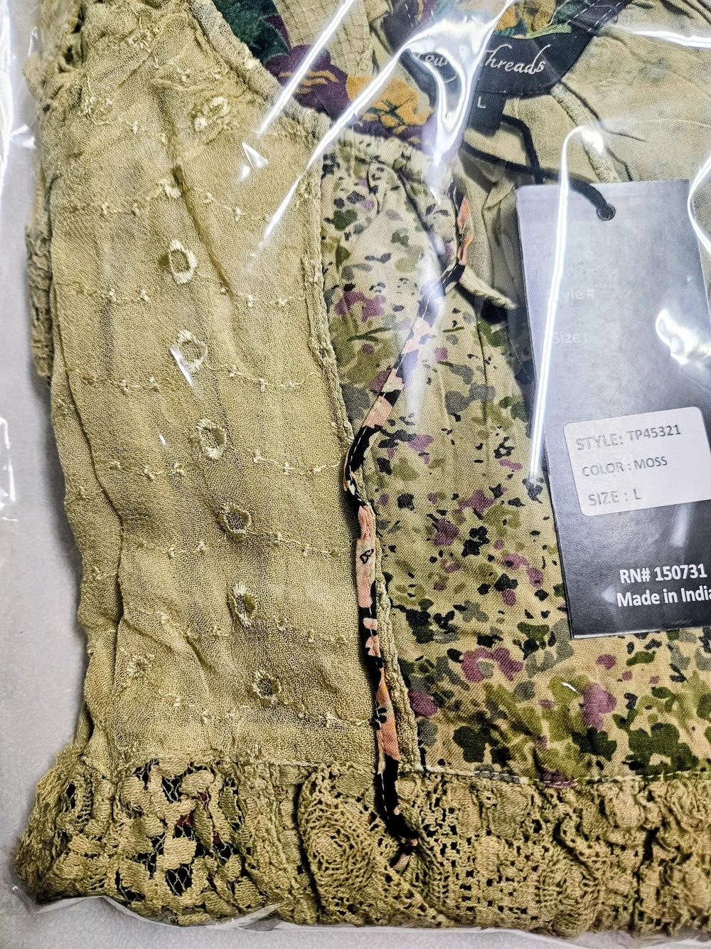 Boho 3 Tier Lace Patchwork Peasant Top - Light Olive Floral